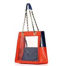 Load image into Gallery viewer, SCORE! Andrea Large Clear Designer Tote for School, Work, Travel - Racing Red and Navy Blue
