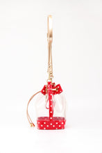 Load image into Gallery viewer, SCORE! Clear Sarah Jean Designer Crossbody Polka Dot Boho Bucket Bag-Red, White and Gold
