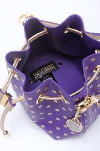 SCORE! Sarah Jean Small Crossbody Polka dot BoHo Bucket Bag - Purple and Gold Gold