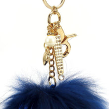 Load image into Gallery viewer, Real Fur Puff Ball Pom-Pom 6&quot; Accessory Dangle Purse Charm - Navy Dark Blue with Gold Hardware
