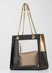 SCORE! Andrea Large Clear Designer Tote for School, Work, Travel- Black and Gold