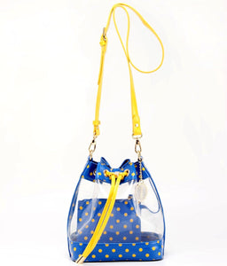 SCORE! Clear Sarah Jean Designer Crossbody Polka Dot Boho Bucket Bag- Royal Blue & Yellow Gold