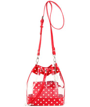 Load image into Gallery viewer, SCORE! Clear Sarah Jean Designer Crossbody Polka Dot Boho Bucket Bag-Red and White
