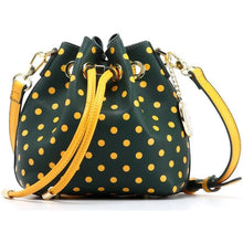 Load image into Gallery viewer, SCORE! Sarah Jean Small Crossbody Polka dot BoHo Bucket Bag - Green and Gold Baylor Bears, North Dakota State Bisons, College of William and Mary Tribe, Cal Poly Mustang, Siena Saints, North Dakota Bisons, Sacramento State Hornets, San Francisco Dons, Southeastern Louisiana Lions, NFL Green Bay Packers, MLB Oakland Athletics, MLS Portland Timber
